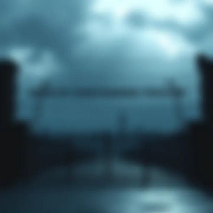 A shadowy cityscape with barbed wire and closed gates, symbolizing restricted freedoms and a controlled environment.