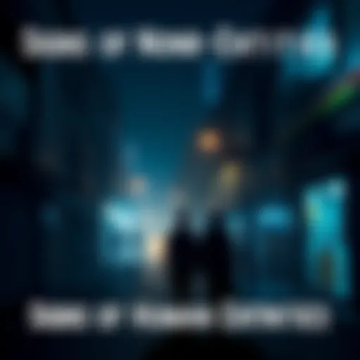 A dimly lit street showing unusual shadows and figures, suggesting a presence of non-human entities. People are looking cautiously around, avoiding certain areas.