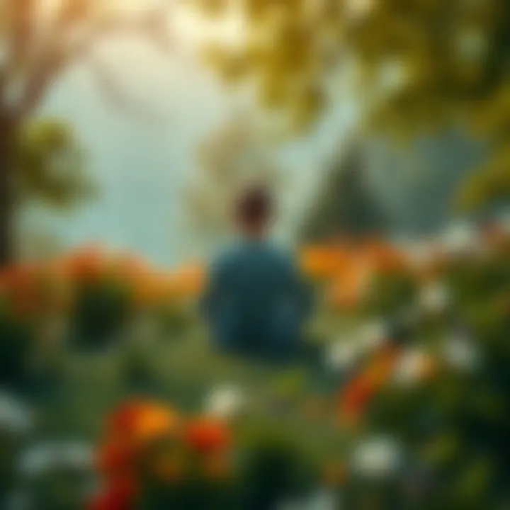 A peaceful scene with a person sitting cross-legged in nature, surrounded by trees and flowers, reflecting in silence.