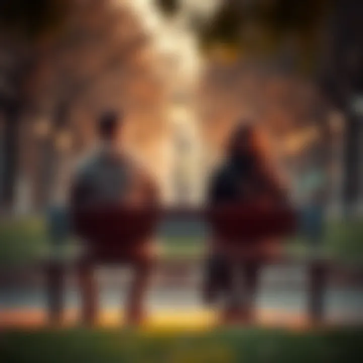 A man and woman sitting on a bench, looking away from each other, showing emotional distance, with a calm park setting in the background.