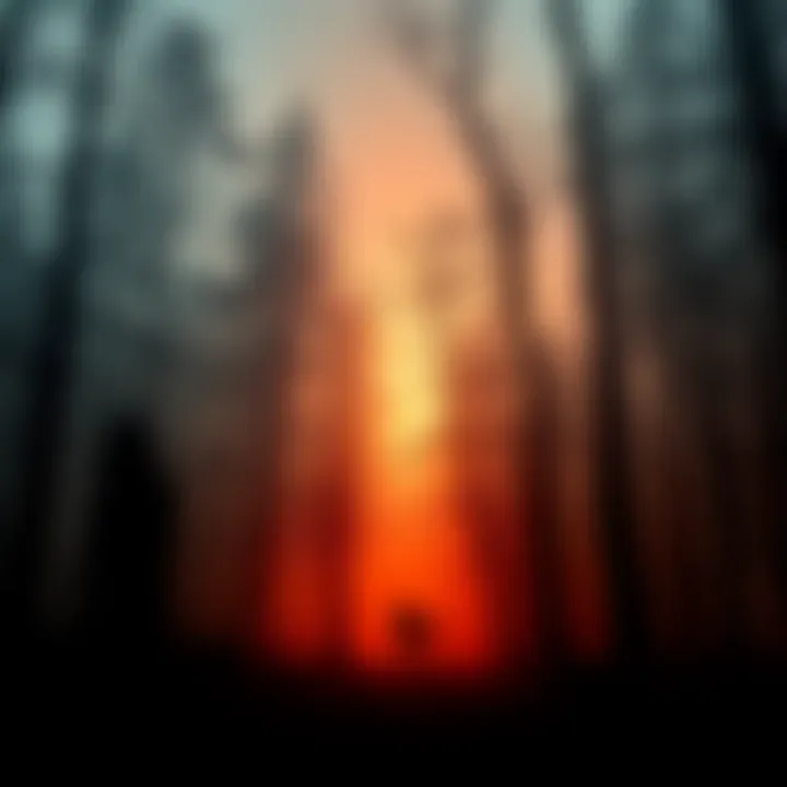 A dark forest scene symbolizing the suppression of dissent. Shadows of figures fade into the trees, representing those who question authority. Fog looms to enhance the sense of danger.