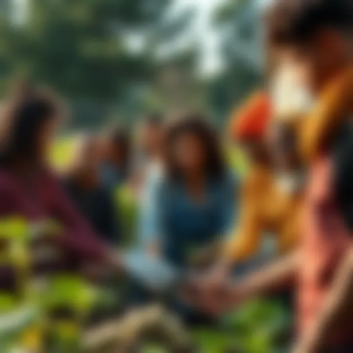 A group of diverse individuals volunteering together, showing teamwork and support in a community garden.