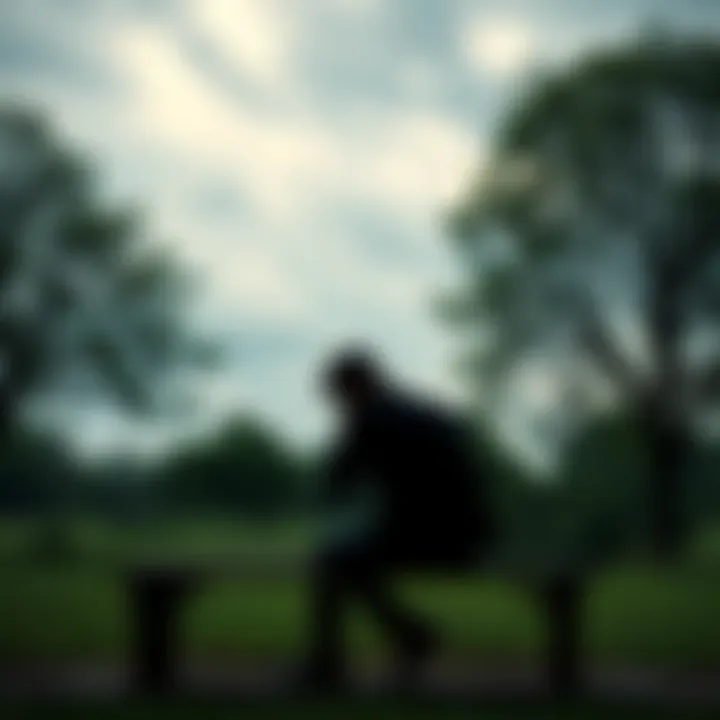 Silhouette of a person sitting alone A silhouette of a person sitting on a bench in a park, looking down with a somber expression, surrounded by trees and a cloudy sky, symbolizing contemplation and sadness.
