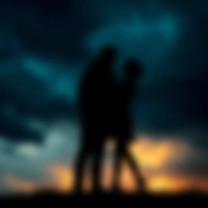A silhouette of two figures standing apart against a dark, stormy sky, representing unrequited love and longing.
