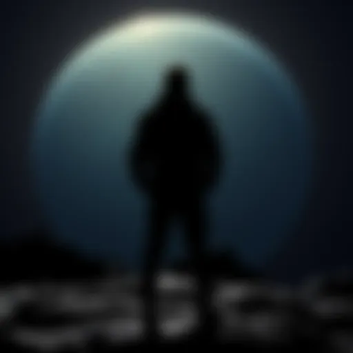 A shadowy figure resembling a man stands on the moon's surface, viewed from afar, with Earth visible in the background.