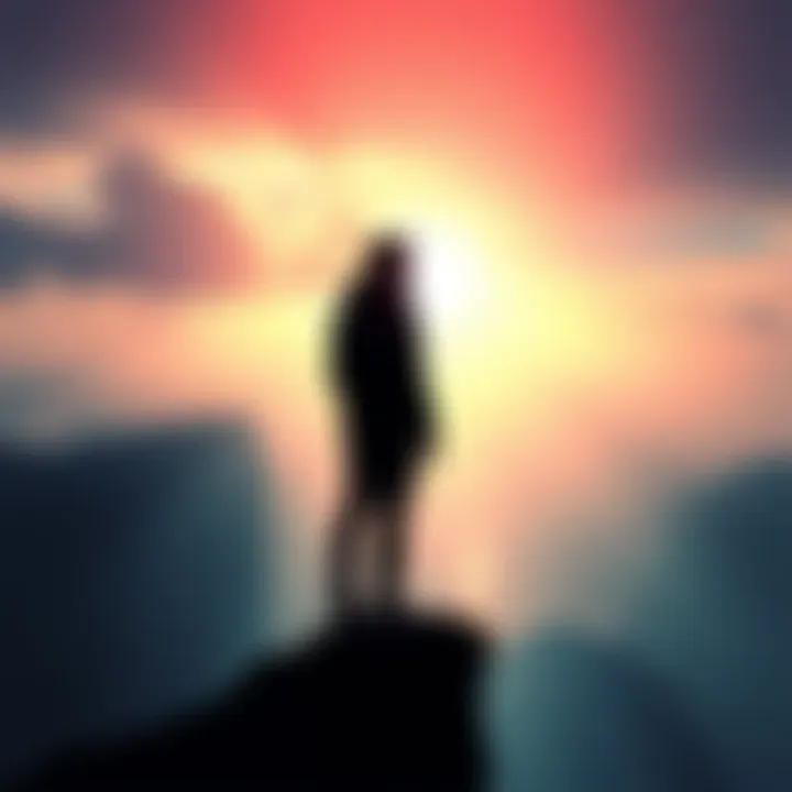 A silhouette of a person looking out over a vast landscape, symbolizing contemplation and struggle with dark thoughts.