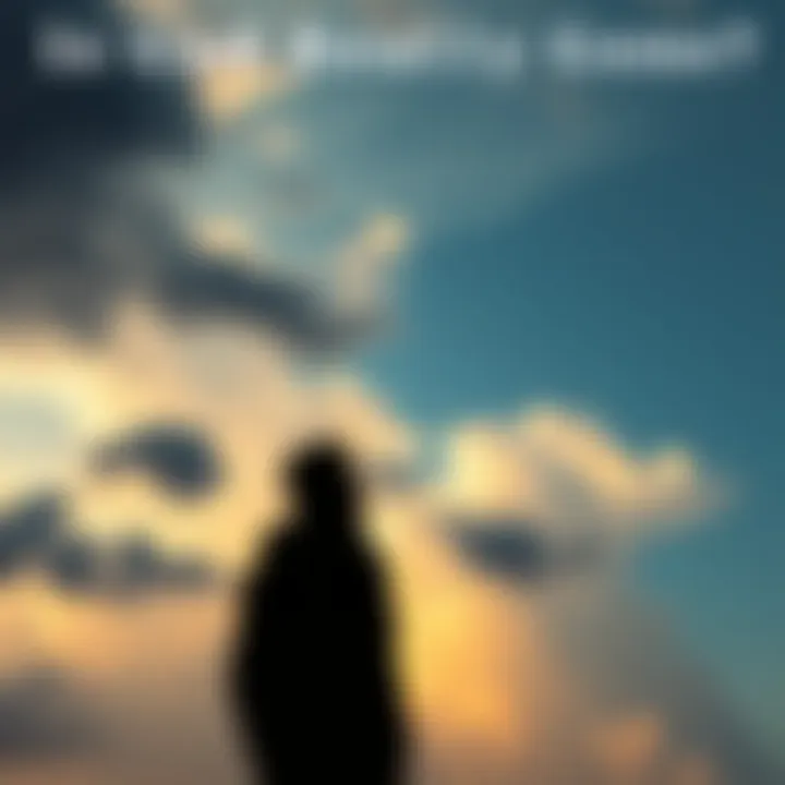 A person standing alone, gazing up at a cloudy sky with a thoughtful expression, symbolizing reflection on faith and absence.