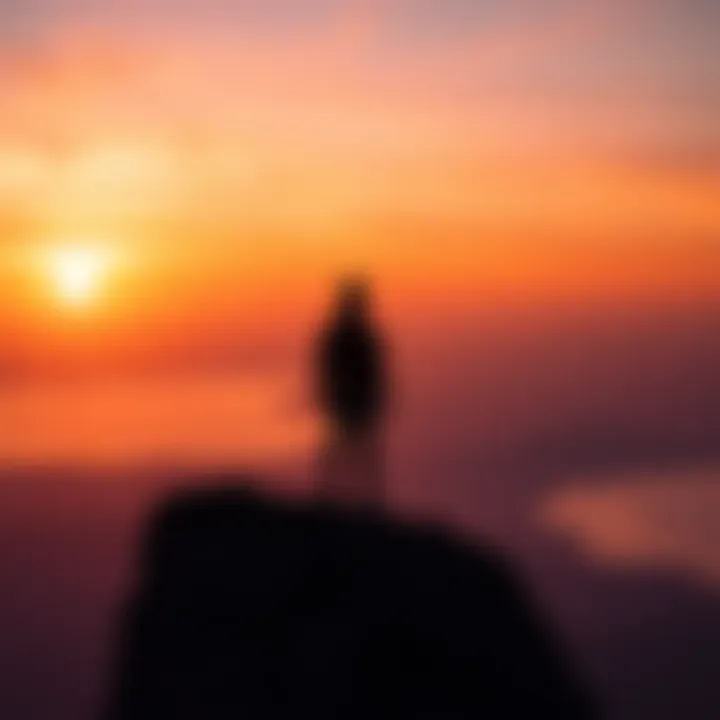 A person stands alone on a cliff, gazing into the distance as the sun sets, symbolizing the search for connection and love in a lonely world.