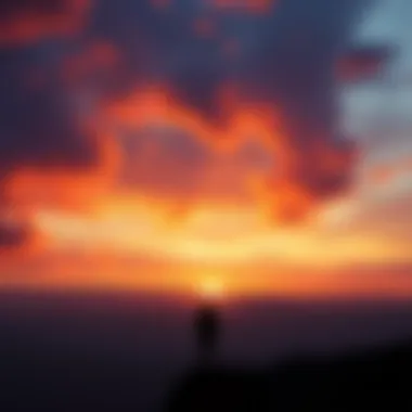 A lone figure stands on a cliff, gazing at a colorful sunset that symbolizes solitude and longing for connection.