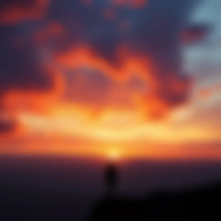 A lone figure stands on a cliff, gazing at a colorful sunset that symbolizes solitude and longing for connection.