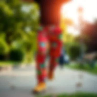 Silly Walking Pants A person wearing colorful silly walking pants, striking a funny pose while walking in a park. The pants have playful designs that catch the eye.