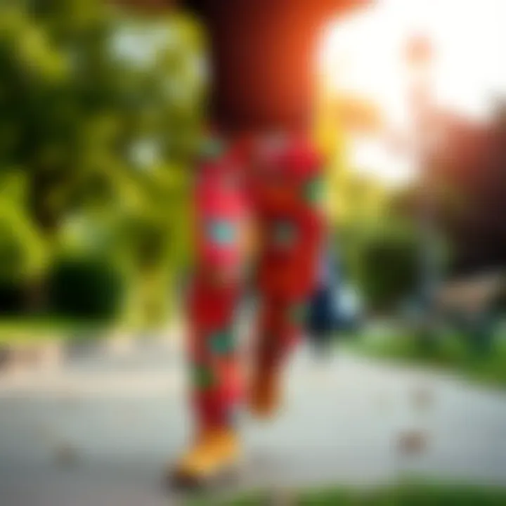 Silly Walking Pants A person wearing colorful silly walking pants, striking a funny pose while walking in a park. The pants have playful designs that catch the eye.