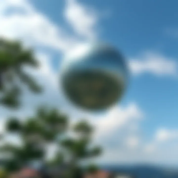 A shiny silver orb hovering in the sky above a Colombian landscape, with trees and houses visible below.