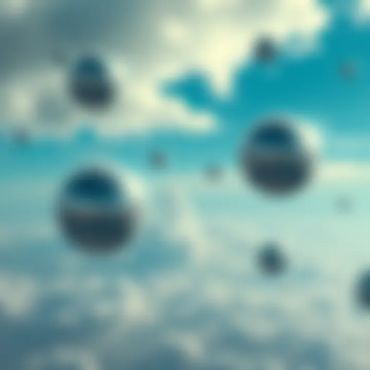 A group of shiny silver spheres floating in the blue sky, suggesting an unknown presence above Earth.
