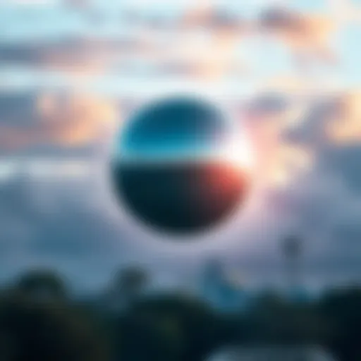 A shiny metallic sphere floating in the sky above Albert Park, Melbourne, with trees and buildings below.