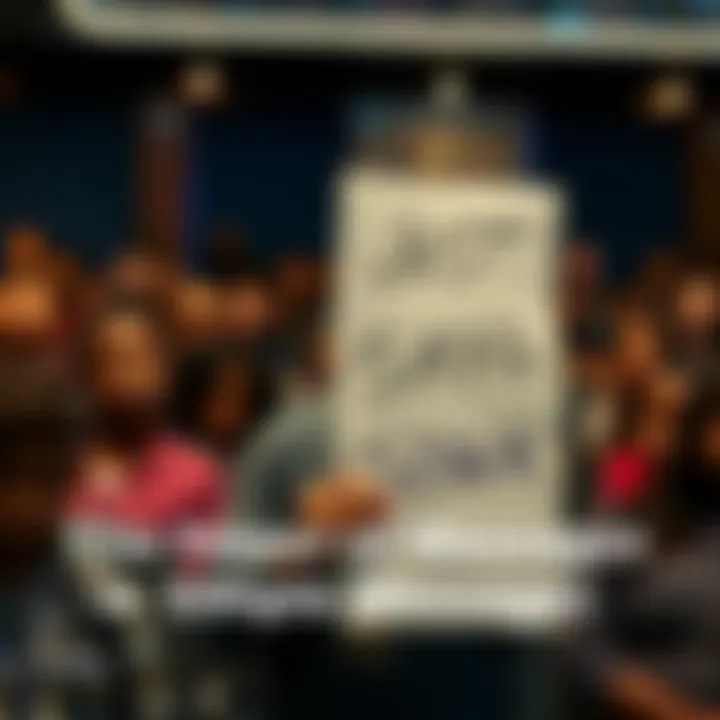 Simple Messages in Communication A person holding a sign with a clear and simple message, surrounded by diverse audience members listening intently.
