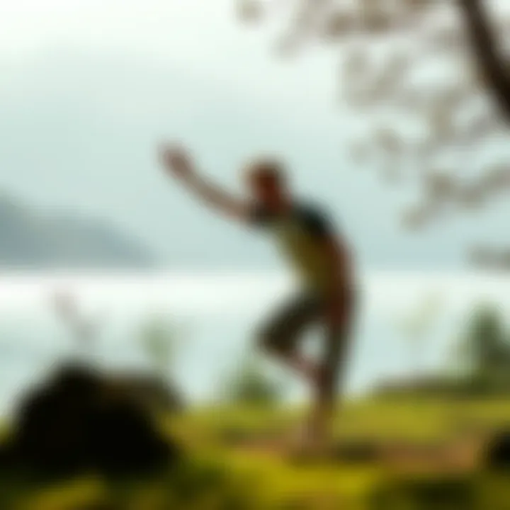 Individual performing easy exercises for relaxation and wellness in a peaceful setting