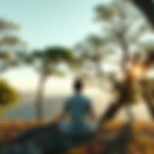 A peaceful scene showing a person meditating in nature, surrounded by trees and calmness, representing simplicity in practice.