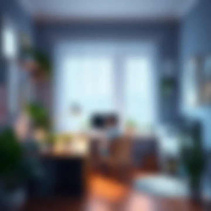 A serene scene showing a peaceful home workspace with plants, organized desk, and a person meditating in a cozy corner, representing simplicity and well-being.