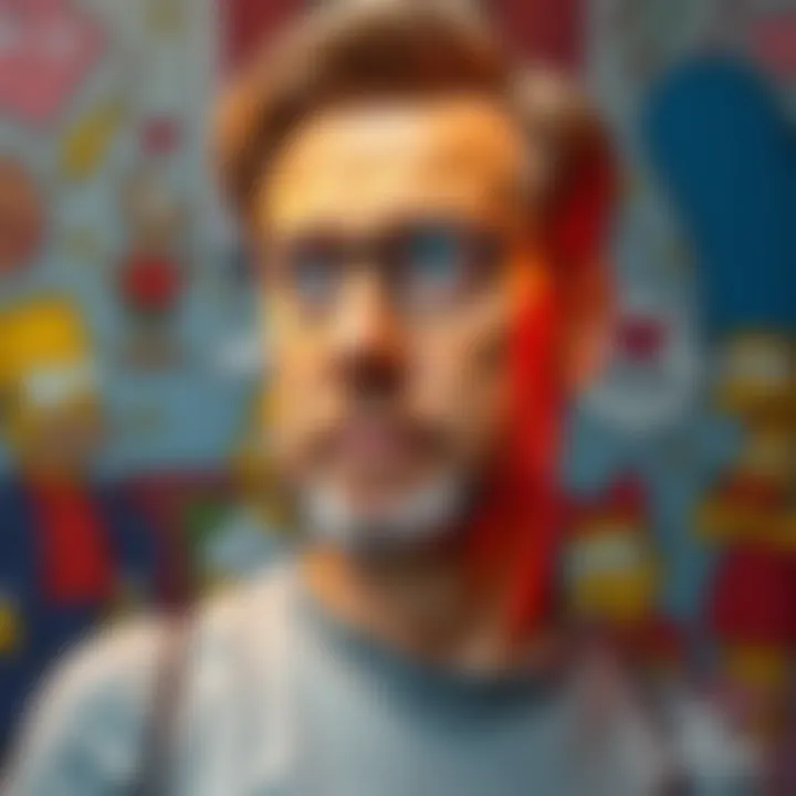 The Simpsons Creator with a Thoughtful Expression Matt Groening, creator of The Simpsons, looking thoughtful, with a colorful background featuring iconic characters from the show.