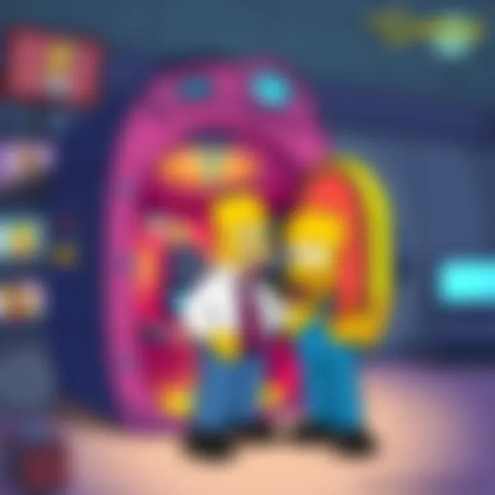 A cartoon depiction of a man resembling the creator of The Simpsons standing next to a colorful time machine, with images of iconic show moments in the background.