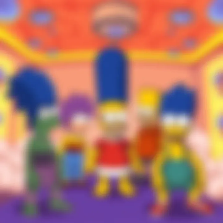 Colorful cartoon-like beings inspired by The Simpsons characters, seen in a dreamlike setting during a DMT experience