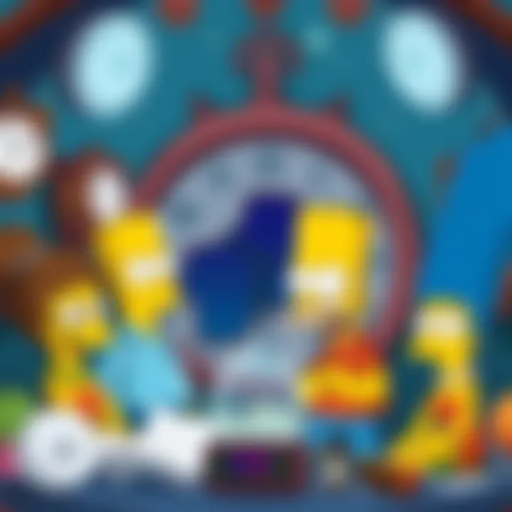 Cartoon characters from The Simpsons, depicted with time travel elements like clocks and portals, connecting with Epstein's files
