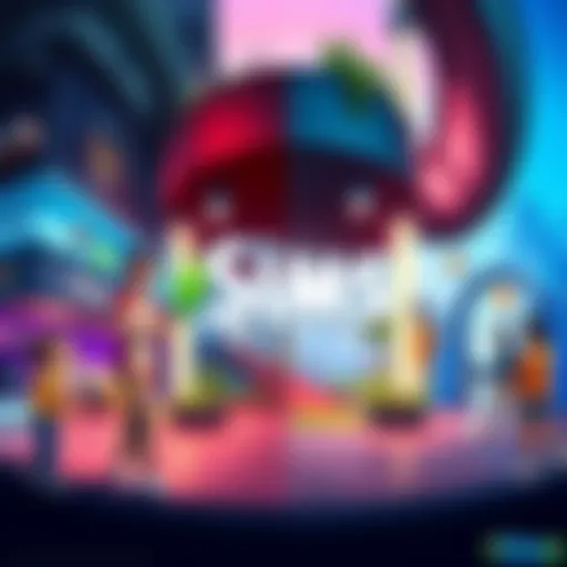 A colorful scene showing different gameplay elements from Sims, showcasing characters interacting and exploring various in-game locations.