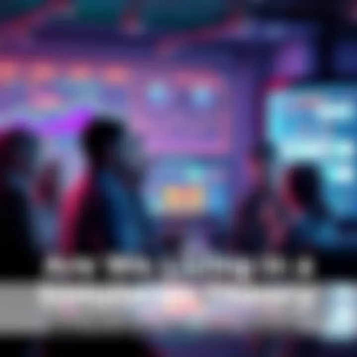 Group of people engaged in conversation about living in a simulation, with charts and screens in the background.