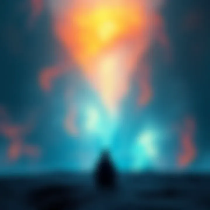 Person contemplating reality A person sitting alone, deep in thought, surrounded by abstract layers representing different levels of reality and existence.