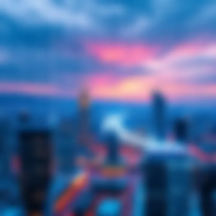 A digital grid overlaying a city skyline, symbolizing the idea of living in a simulation.