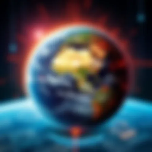 A digital representation of a distorted Earth, with glitch effects indicating a simulated reality.