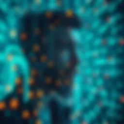 A digital representation of a person immersed in a virtual world, with code and symbols floating around them, signifying consciousness as software in a simulation.