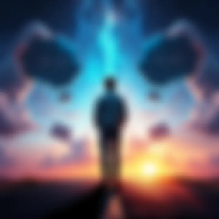 A person standing at a crossroads, contemplating the nature of reality and logic with thought bubbles showing A=A and A≠A symbols.