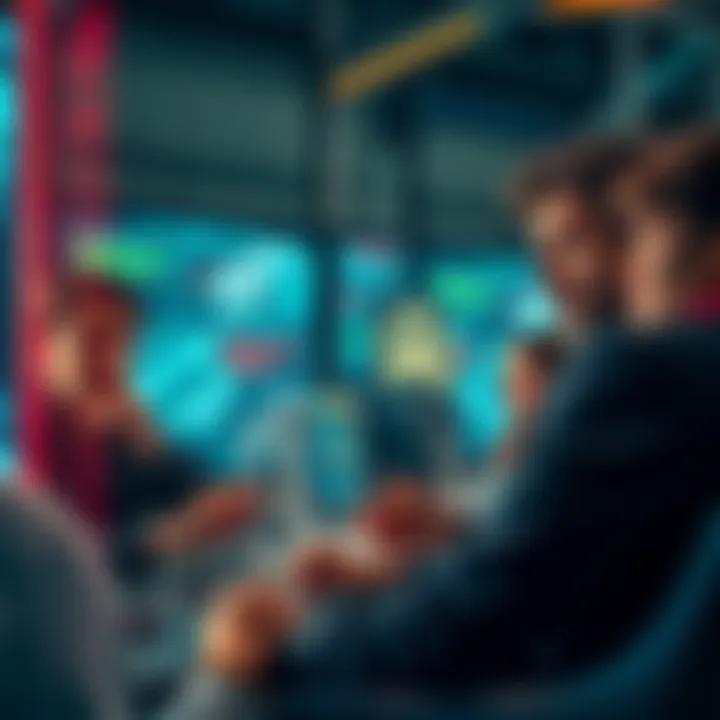 Simulation Project Discussion A group of people discussing a broken simulation project, with expressions of confusion and frustration, surrounded by digital screens showing game mechanics.