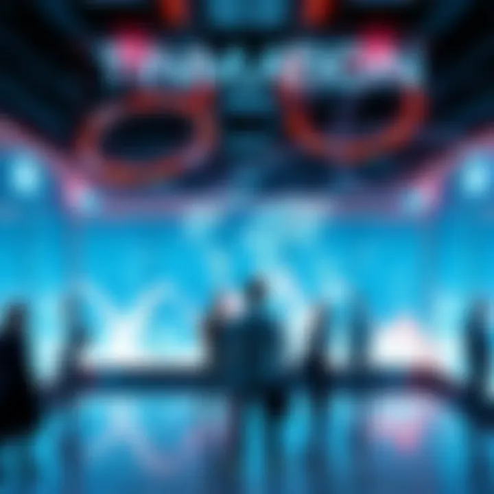 A visual representation of a digital world with people interacting in a computer simulation environment, showcasing technology and complexity.