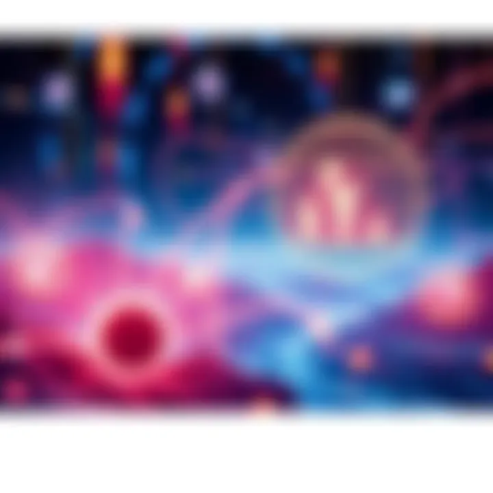 A digital landscape representing a virtual reality, with pixelated elements and cosmic symbols illustrating the concept of simulation theory.