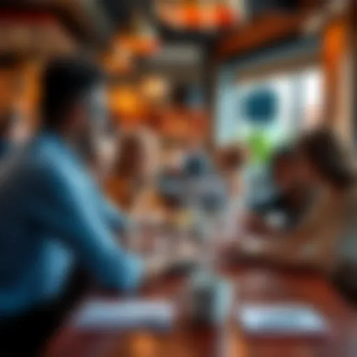 A diverse group of individuals gathered in a café, engaged in a lively conversation about simulation theory, with notebooks and coffee cups on the table.