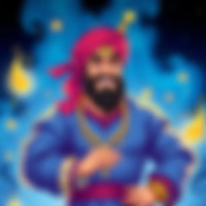 A colorful illustration of a man dressed as a genie, featuring a turban and flowing robes, with magical elements around him, to represent the 1994 movie.