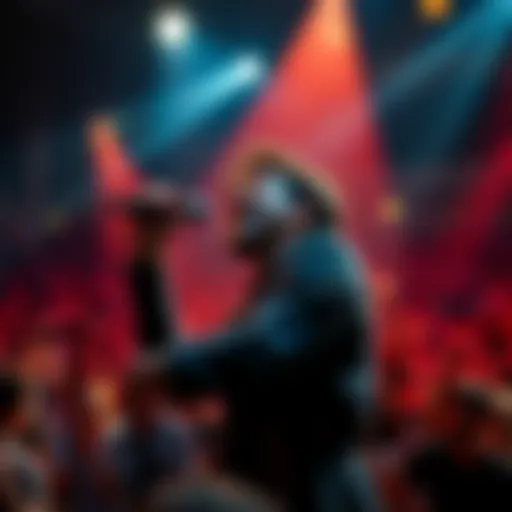 A singer expresses deep emotions while performing a ballad on stage, surrounded by dramatic lighting and an engaged audience.