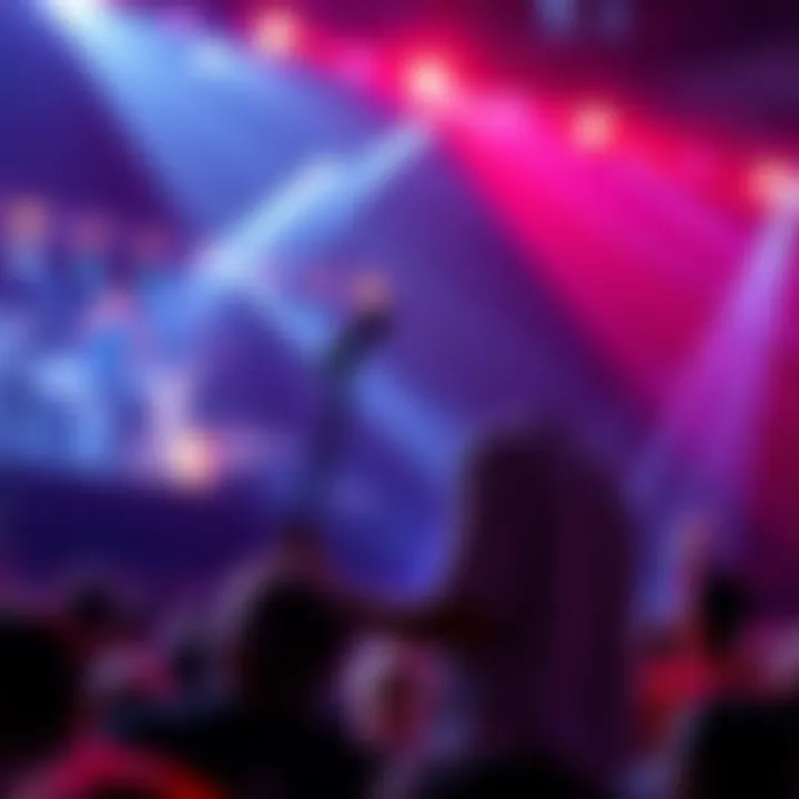 A singer on stage with bright lights, engaging the audience during a live performance