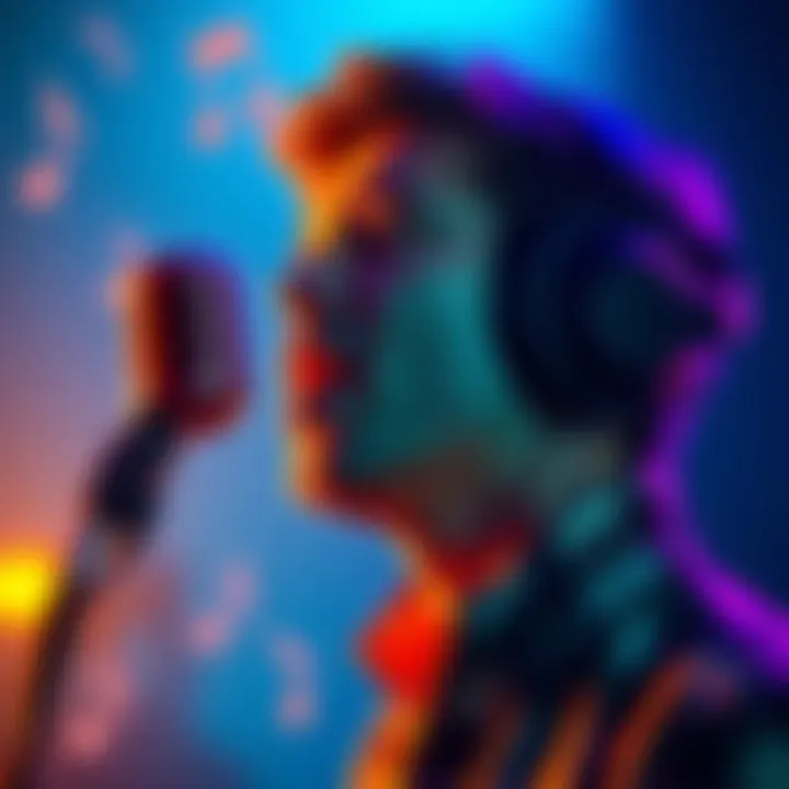 A person with headphones singing into a microphone, surrounded by musical notes and vibrant colors to symbolize vocal improvement.