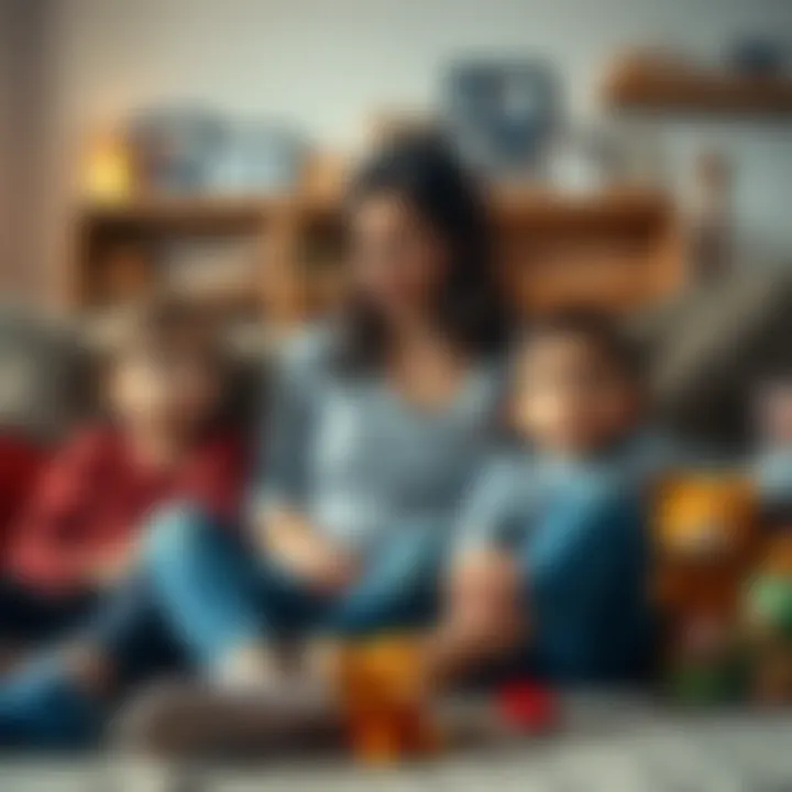 A tired single mother sits with her three children, showing a mix of exhaustion and hope. They are in a cozy living room, surrounded by toys and family pictures.