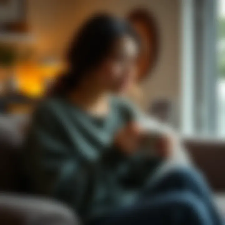 A single mother sits in a cozy living room, looking contemplative as she holds a cup of tea, reflecting on her challenges.