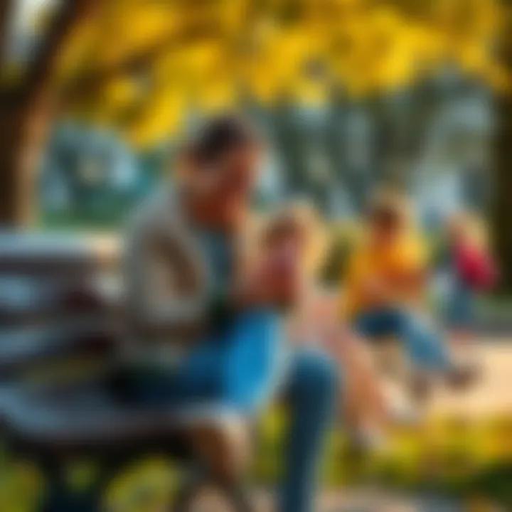 A hopeful single parent sitting on a park bench, smiling while looking at a dating app on their phone, surrounded by kids playing in the background.