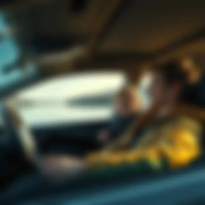 A single parent driving with two boys in a car by the Mossel River in Germany, looking excited for their adventure.