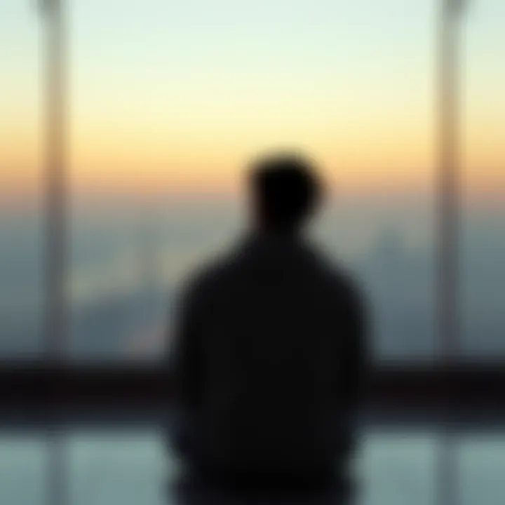 A solitary figure sitting in a serene space, contemplating near-death experiences with a thoughtful expression.