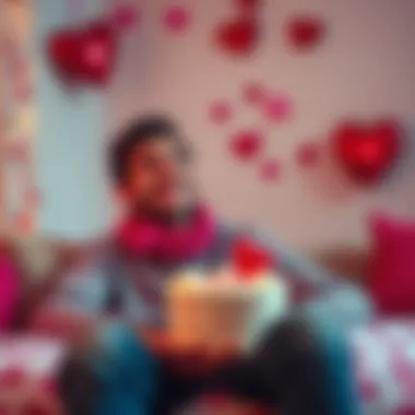 A cheerful individual enjoying Valentine's Day alone, surrounded by heart decorations and a small cake
