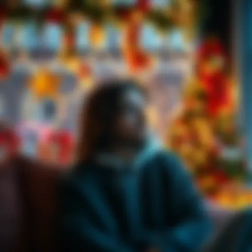 A single Pisces person looking reflective in a cozy holiday setting, surrounded by festive decorations.