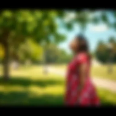 A woman standing alone in a quiet park, looking up at the sky with a thoughtful expression, symbolizing her search for a sign from her late brother.